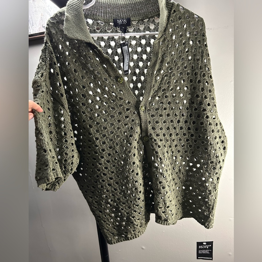 Boohoo Olive Button Down Crochet Top